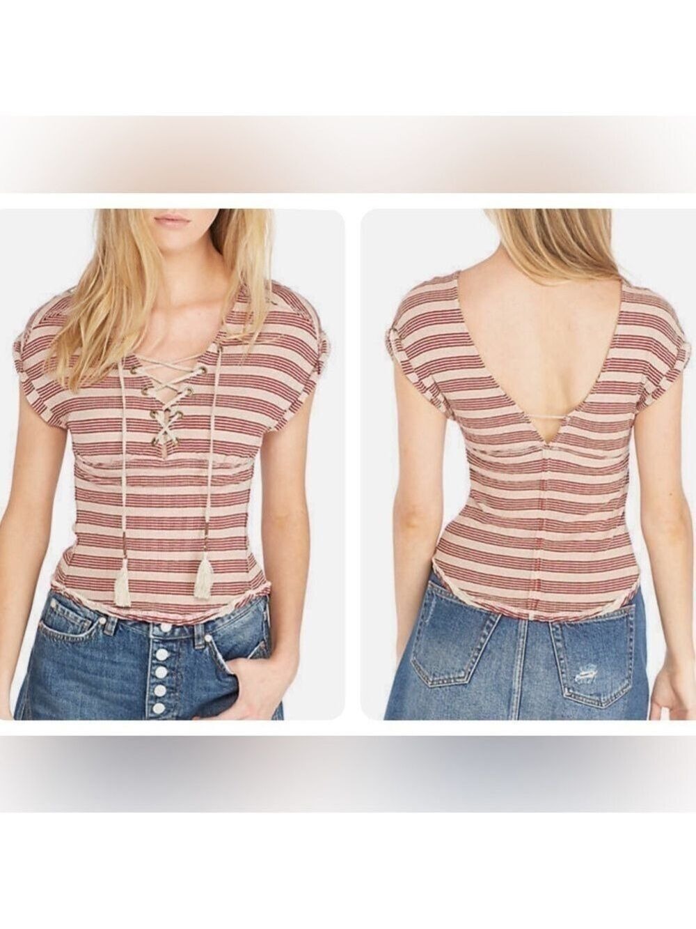 Free People We The Free Sail Out Tee Red Tan Striped Tie Font Top Size Small